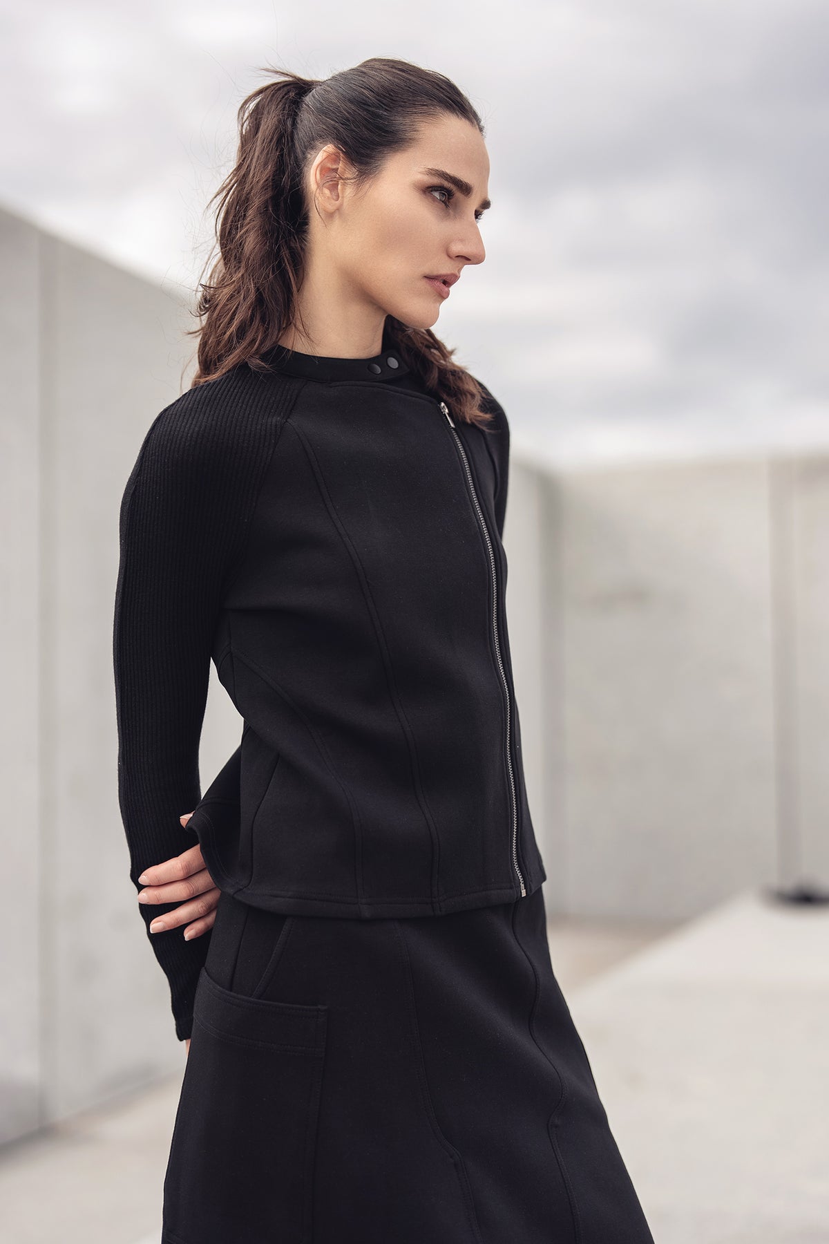 Knit Sleeve Zip Top