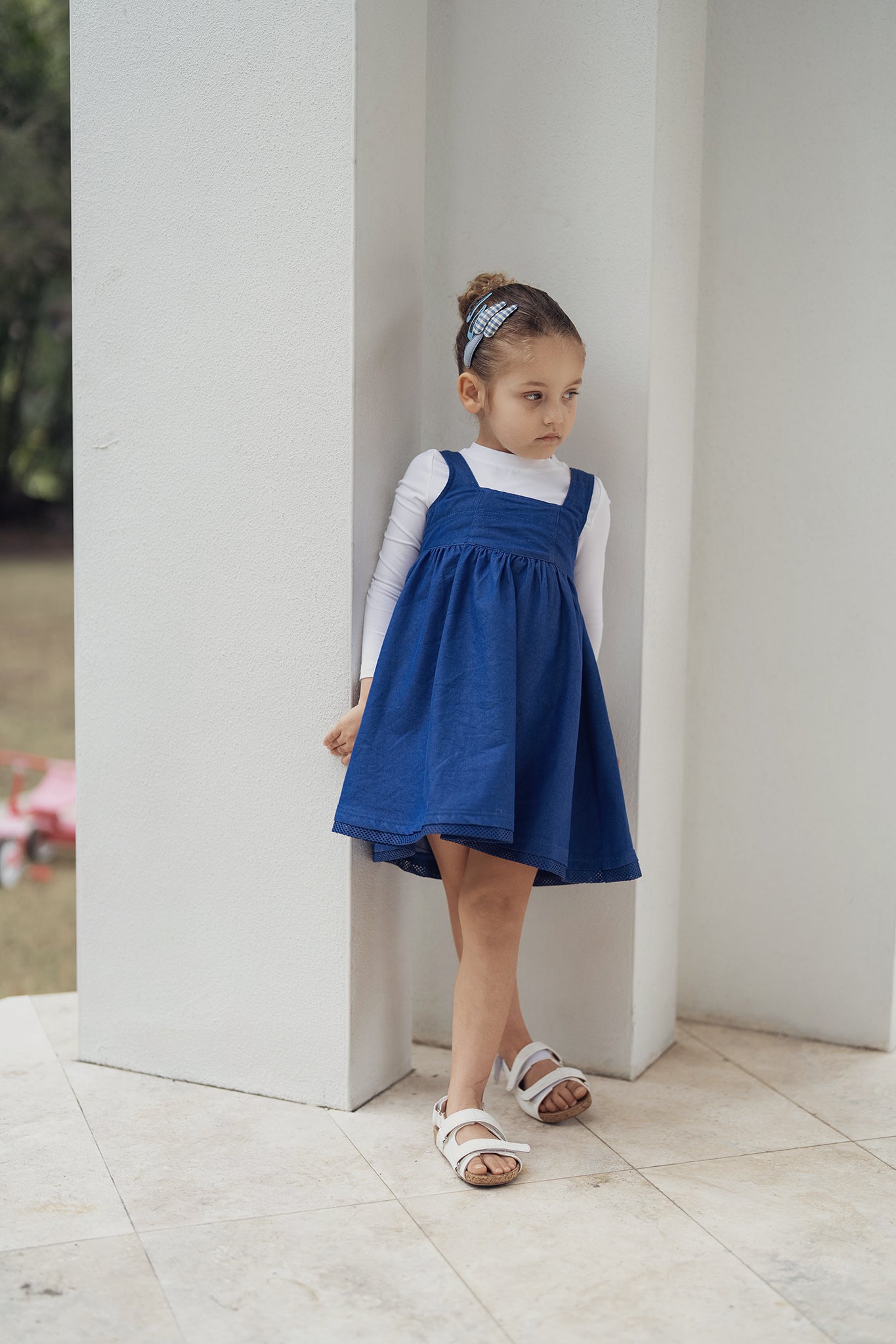 STRUCTURED DENIM MESH TRIM DRESS