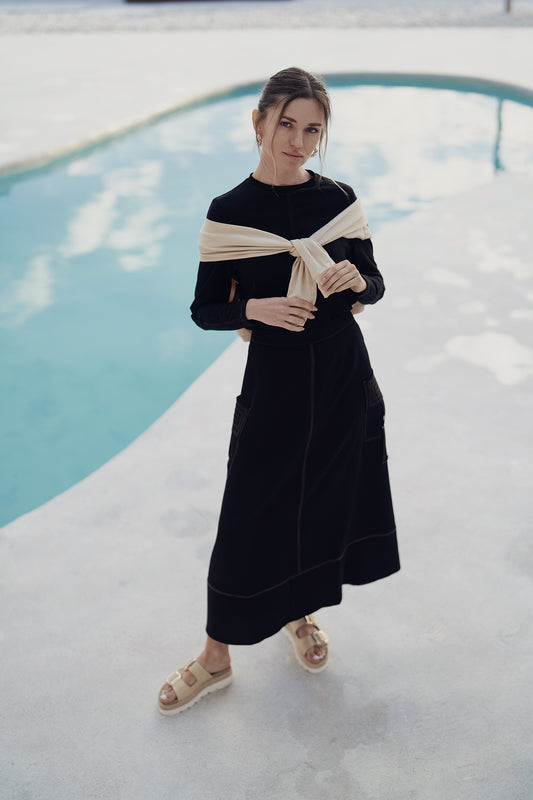 TOPSTITCHED STRAIGHT MAXI  SKIRT